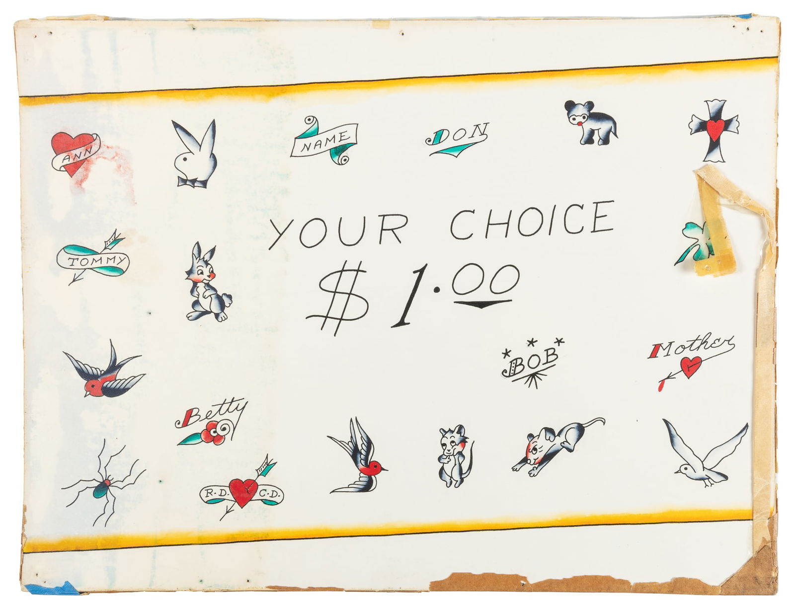 Your Choice $1.00 Shop Flash Sheet. Bert Grimm Studio, Long Beach Pike, 1970-80s.: Your Choice $1.00 Shop Flash Sheet. Bert Grimm Studio, Long Beach Pike, 1970-80s. Ink and watercolor on board. Nineteen small 2" flash designs featuring a variety of subject matter, including cute