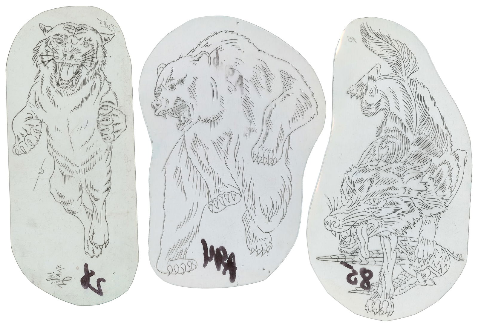 Three Zeke Owen Animal Acetate Stencils, 1970s: Zeke Owen (American, 1940-2019), aka Tattoo Zeke. Three Zeke Owen Animal Acetate Stencils, 1970s. Two of the three stencils signed and dated. Largest 10". Provenance: The Jonathan Shaw Collection