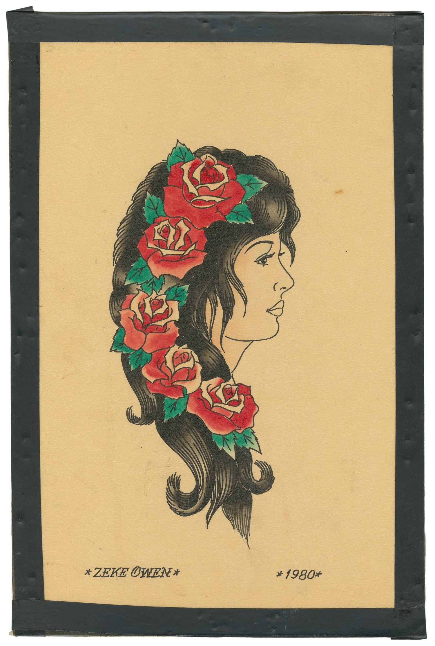 Zeke Owen Single Design Flash Sheet, 1980.: Ink-and-watercolor flash design by Zeke Owen, aka Tattoo Zeke (1940-2019), United States, 1980. Signed and dated to the lower margin. Single portrait design features a dark-haired woman with red
