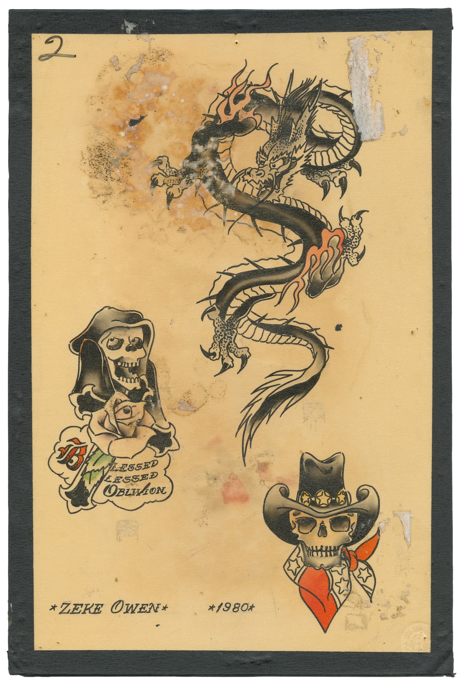 Zeke Owen Three Design Flash Sheet, 1980: Zeke Owen, aka Tattoo Zeke (1940-2019), United States, 1980. Signed and dated to the lower sheet margins. Three ink-and-watercolor designs on board. 15 x 10". Toning to sheet; several areas of water