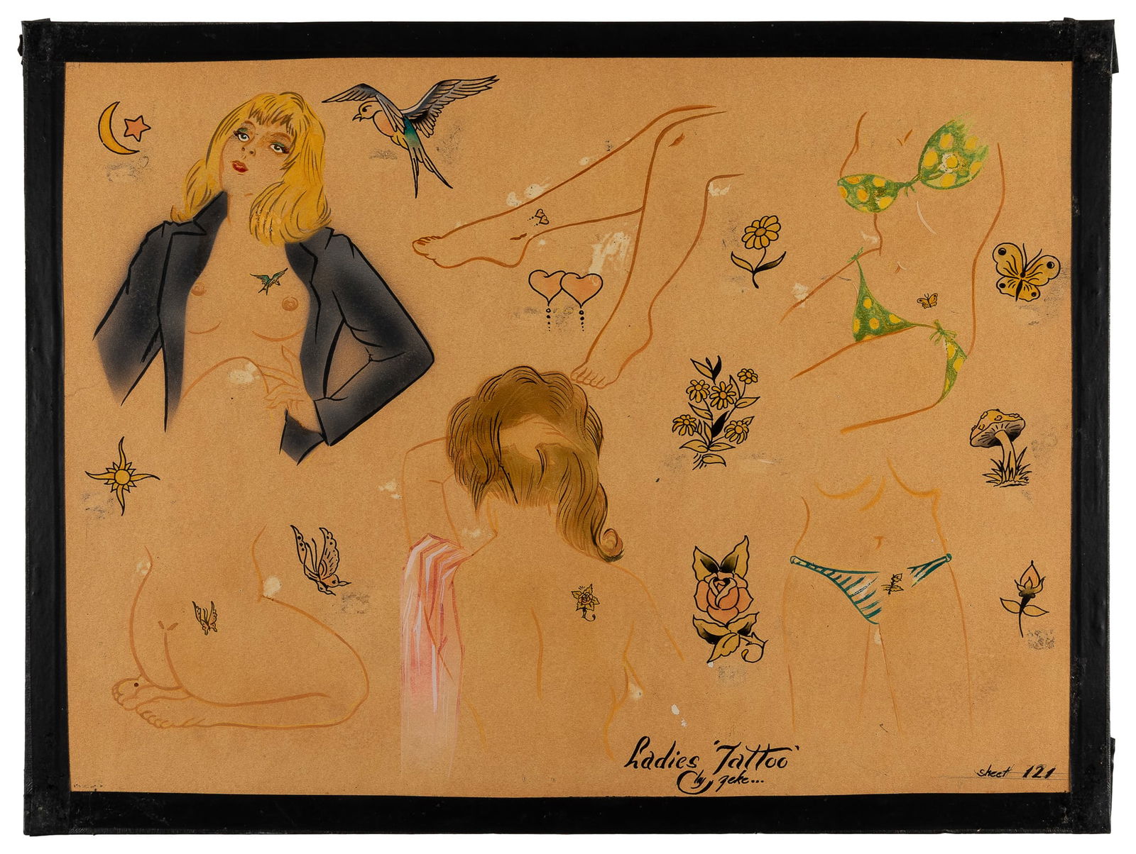 Ladies Tattoos by Zeke Flash Sheet, Mid 20th Century: Zeke Owen, aka Tattoo Zeke (1940-2019). United States, mid-20th century. Title to the lower center margin. Tattoo flash featuring eleven 1 1/2 / 2" hand-drawn dainty designs and discrete placement