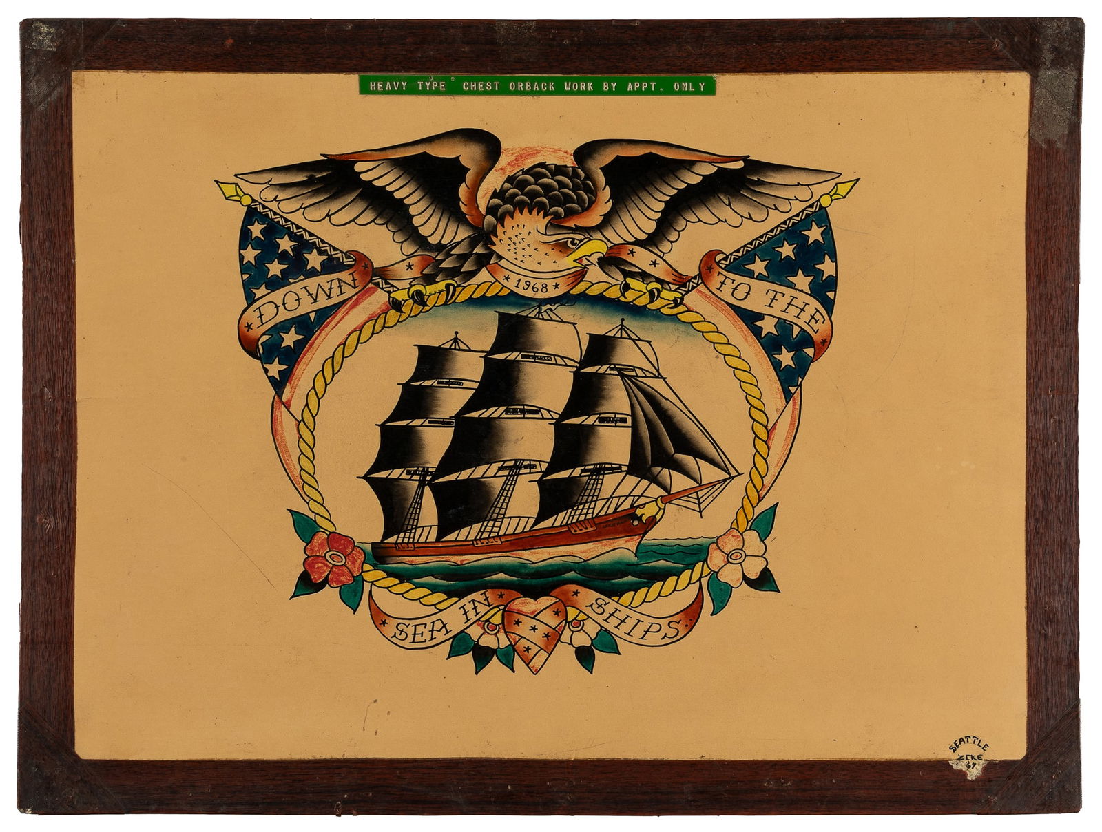 Down to the Sea in Ships Flash Design by Zeke Owen. Seattle, 1967/68: Zeke Owen, aka Tattoo Zeke (1940-2019). Seattle, 1967/1968. Signed and dated to the lower right margin. Ink and watercolor on board. Large single vignette of a sailing ship framed with rope, flags,