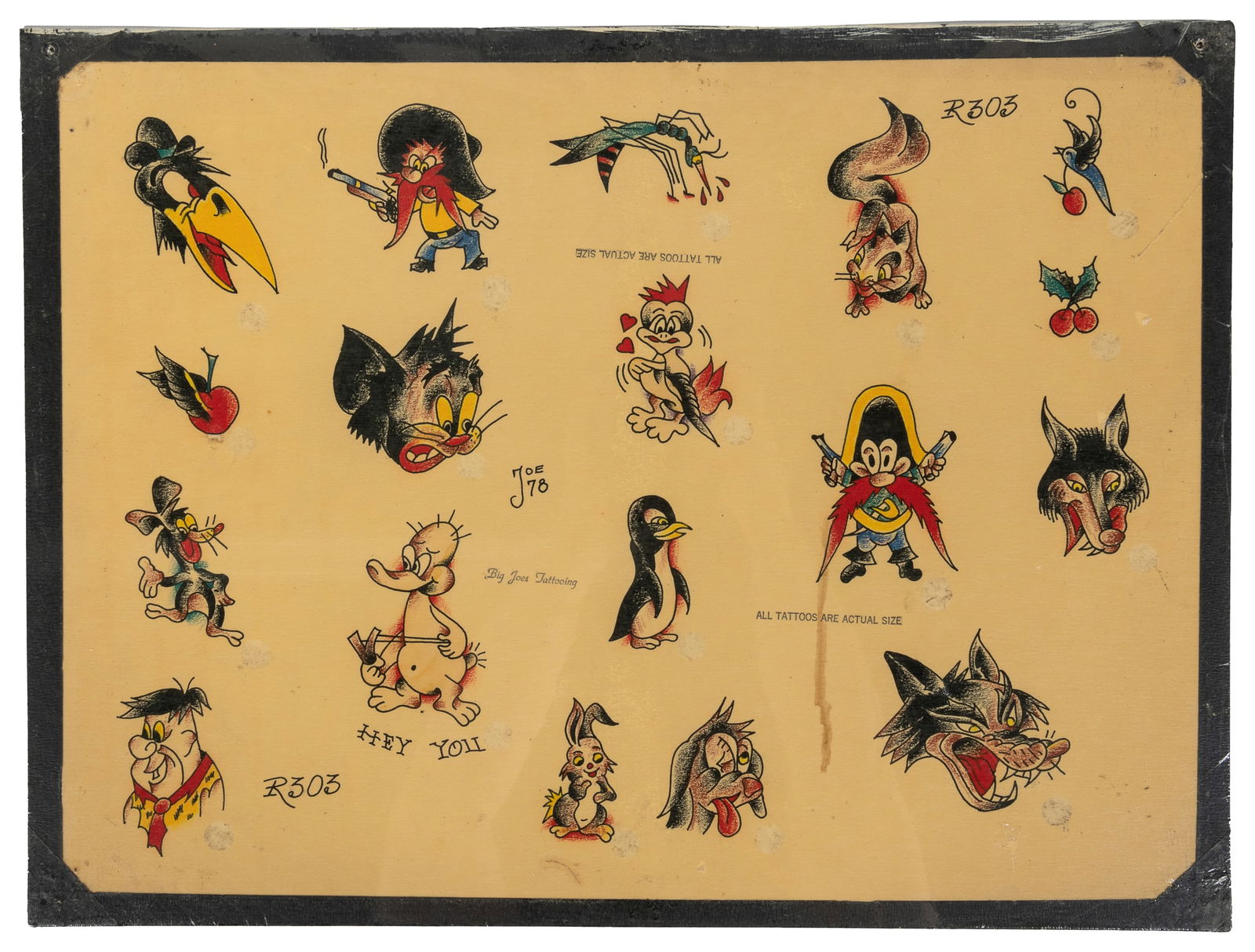 Big Joe Kaplan Cartoon Character Flash Sheet, 1978: Big Joe Kaplan (American, d. 2007). Big Joe Kaplan Cartoon Character Flash Sheet, 1978. Signed and dated. Eighteen hand-colored designs featuring recognizable characters, including Fred Flintstone,