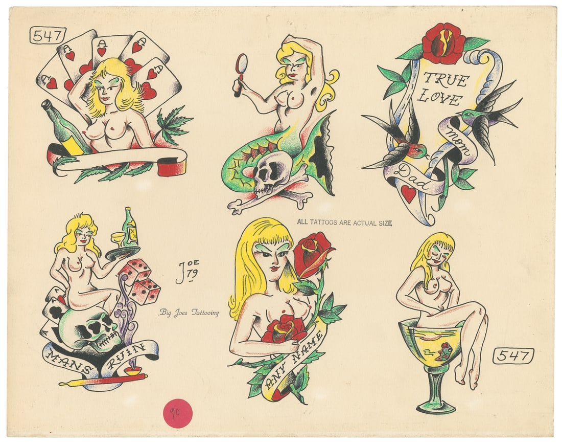 Joe Kaplan Pinup Flash Sheet. Big Joes Tattooing, 1979: Big Joe Kaplan (American, d. 2007). Joe Kaplan Pinup Flash Sheet. Big Joe's Tattooing, 1979. Signed and dated to the left. Six hand-colored flash designs featuring blond pinups. Shop stamp to the left