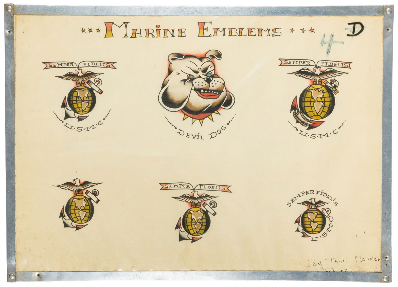Marine Emblems Flash Sheet by Tahiti Maurice. Tahiti Felix Tattoo Studio, 1950s: “Tahiti Maurice” Lynch (American, 1935-2018). "Marine Emblems" Flash Sheet by Tahiti Maurice. Tahiti Felix Tattoo Studio, 1950s. Signed to the lower right margin. Six hand-drawn and colore