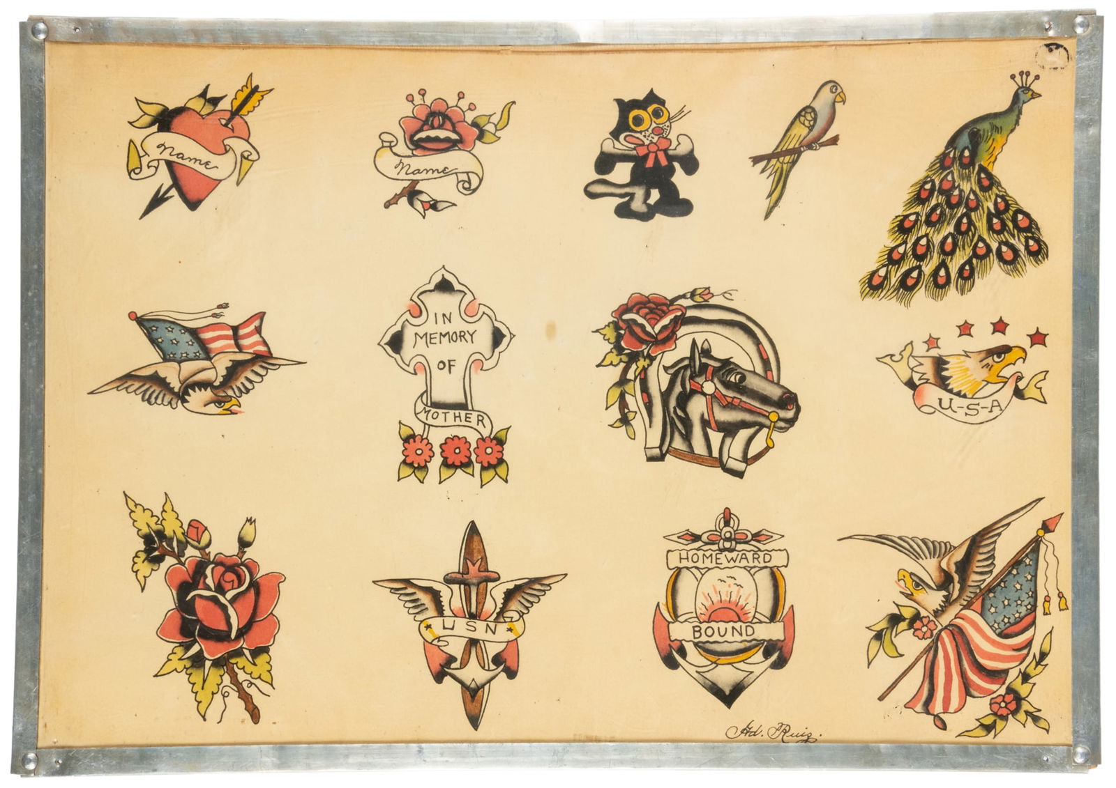 Tahiti Felix Thirteen Design Flash Sheet. Tahiti Felix Tattoo Studio, 1950s: “Tahiti Felix” Lynch (American, 1908-?). Tahiti Felix Thirteen Design Flash Sheet. Tahiti Felix Tattoo Studio, 1950s. Signed to the lower right margin. Thirteen Ink and watercolor flash de