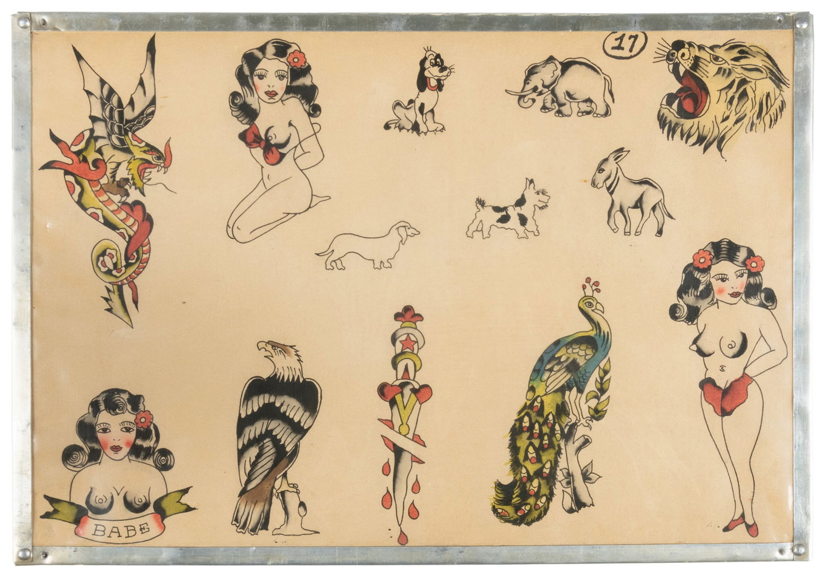 Tahiti Felix Attributed Flash Sheet w/ Thirteen Designs, ca. 1950s: Tahiti Felix Lynch (American, 1908-?). Tahiti Felix Attributed Flash Sheet w/ Thirteen Designs. No signature present. Ink and watercolor images on board featuring a dagger to the center, framed by ani