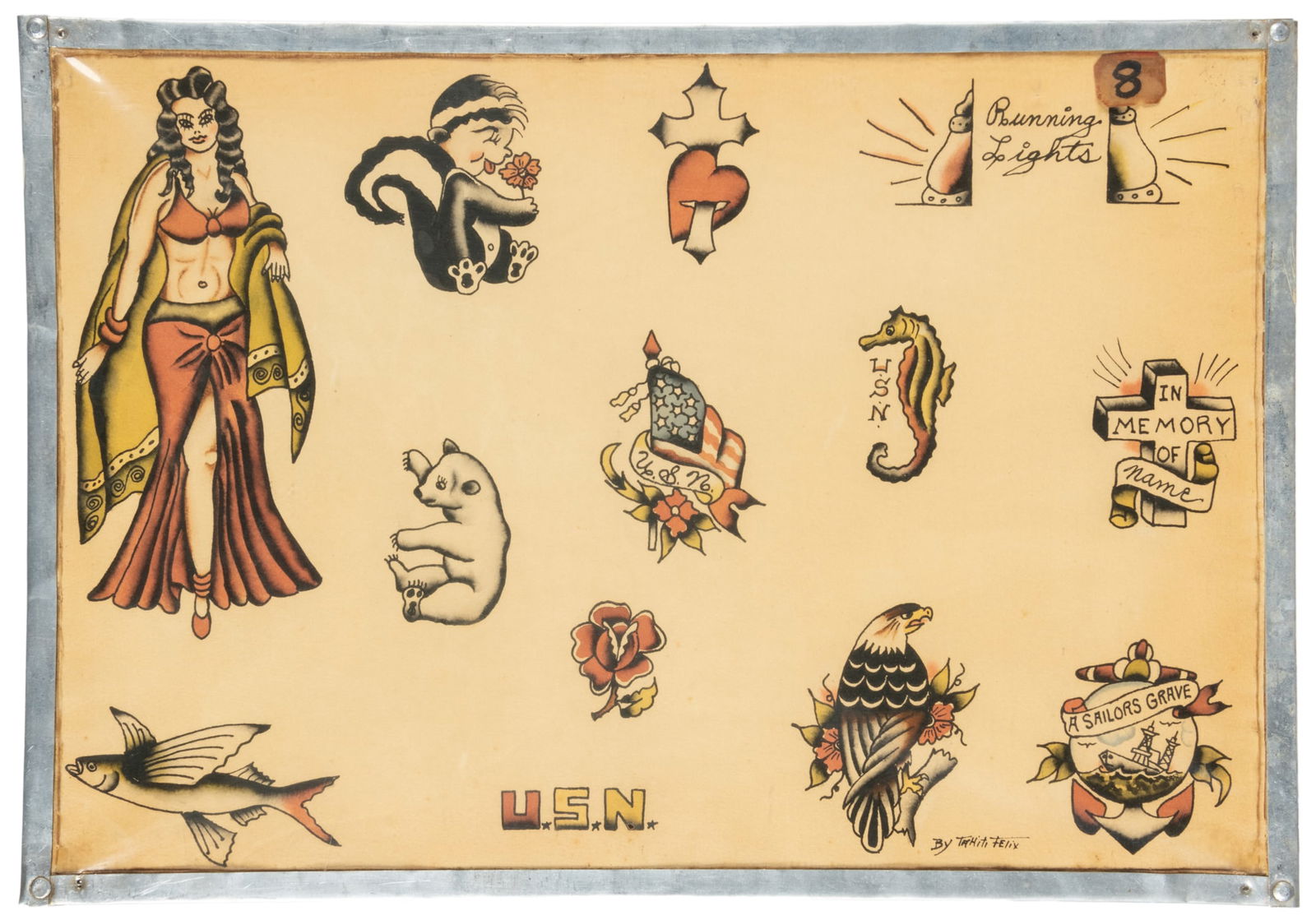 Tahiti Felix Flash Sheet Featuring Naval Designs, ca. 1950s: “Tahiti Felix” Lynch (American, 1908-?). Tahiti Felix Flash Sheet Featuring Naval Designs, ca. 1950s. Signed to the lower right margin. Thirteen ink and watercolor motifs, including US Nav