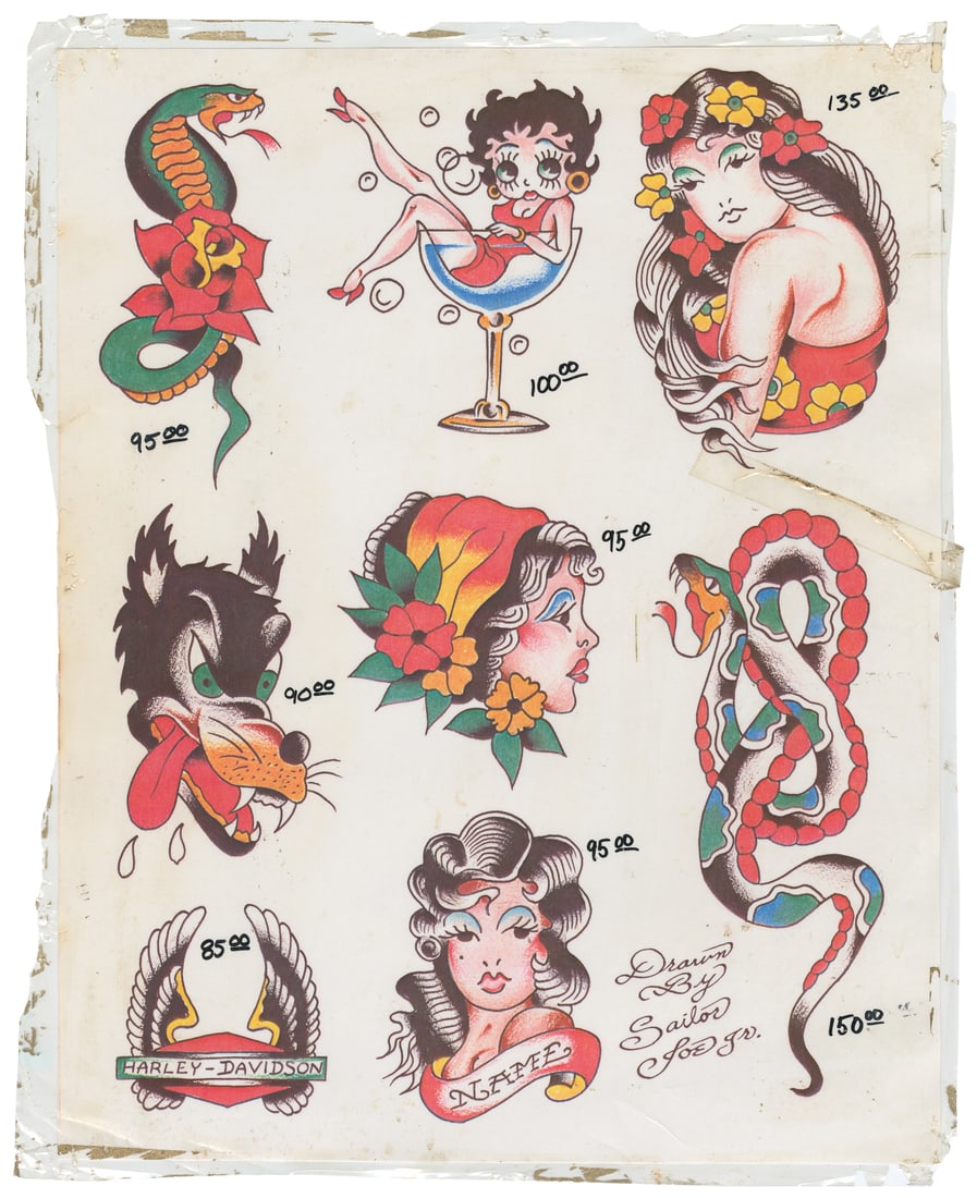 Sailor Joe Jr. Printed Production Flash Sheet, Late 20th Century: Sailor Joe Jr. (American, Late 20th Century). Sailor Joe Jr. Printed Production Flash Sheet, late 20th century. Printed signature to the lower right. Printed flash designs originally drawn by Sailor J
