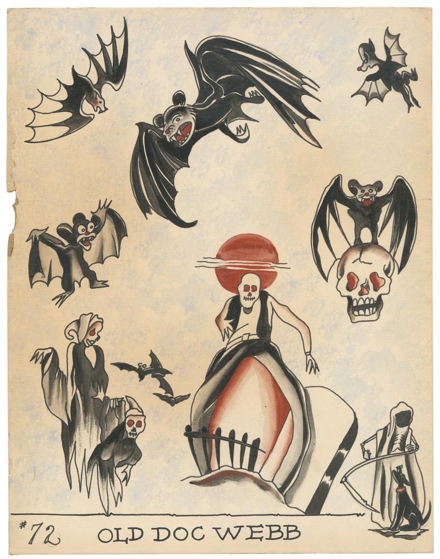 Old Doc Webb Flash Sheet with Spooky Imagery: Old Doc Webb (American, d. 1986). Old Doc Webb Flash Sheet with Spooky Imagery. Signed to the lower center margin. Eight ink and watercolor designs on board, all with spooky imagery including bats, gh