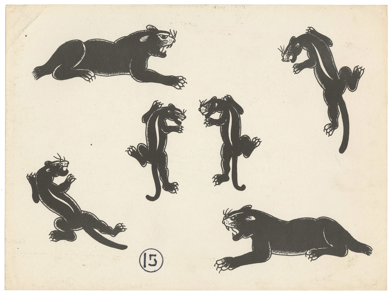 Black Panther Printed Production Flash Sheet, 1960s: Unknown Artist. Black Panther Printed Production Flash Sheet, 1960s. Unsigned. Six panther designs on paper (printed). 9 x 12". Unmounted; light even toning with scattered sheet abrasions. 