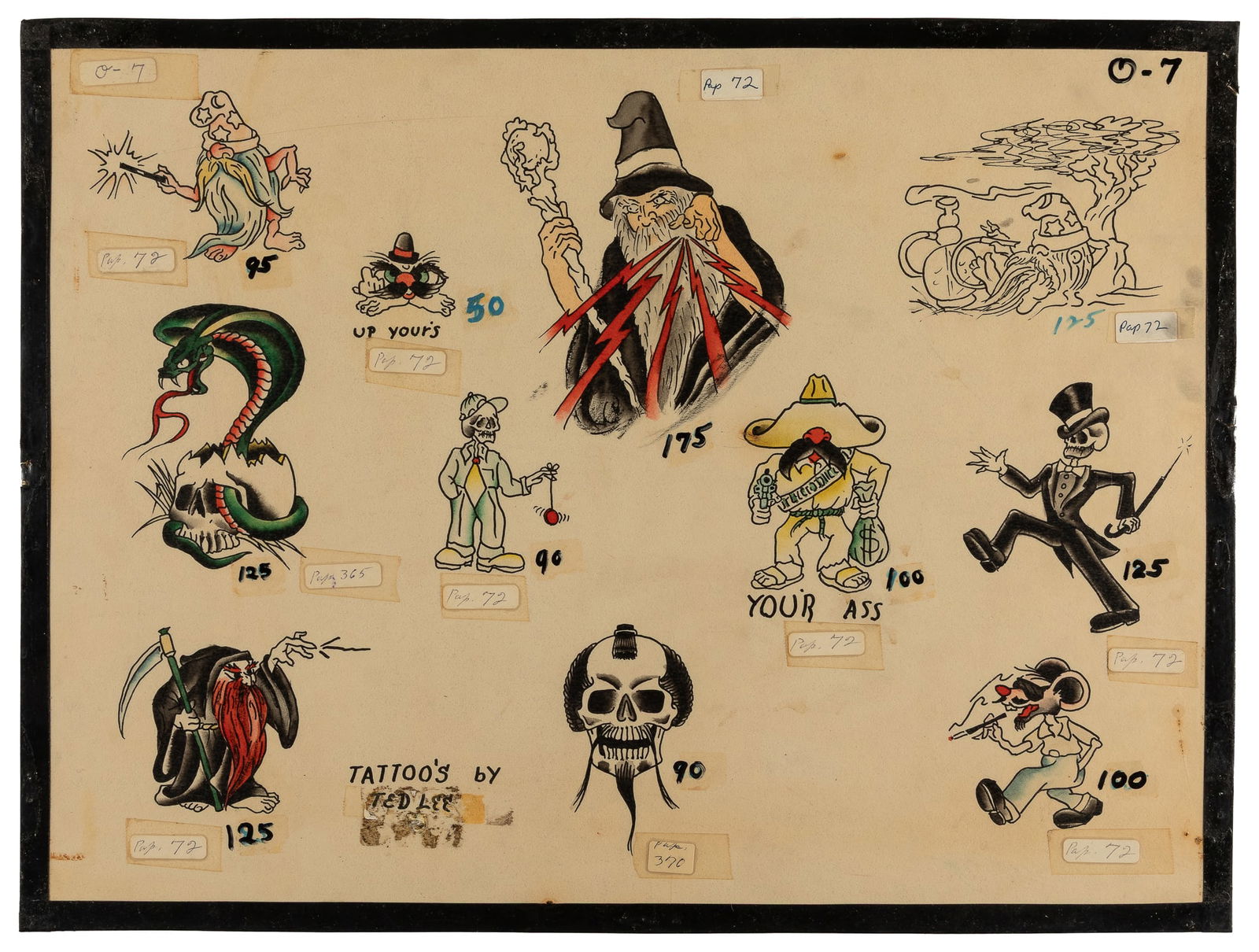 Tattoo's by Ted Lee Flash Sheet, Late 20th Century: Ted Lee (West Coast artist, late 20th century). Unsigned. Eleven ink and watercolor designs on board, featuring numerous wizard motifs, all with original prices remaining. 15 x 20". Toning to sheet;