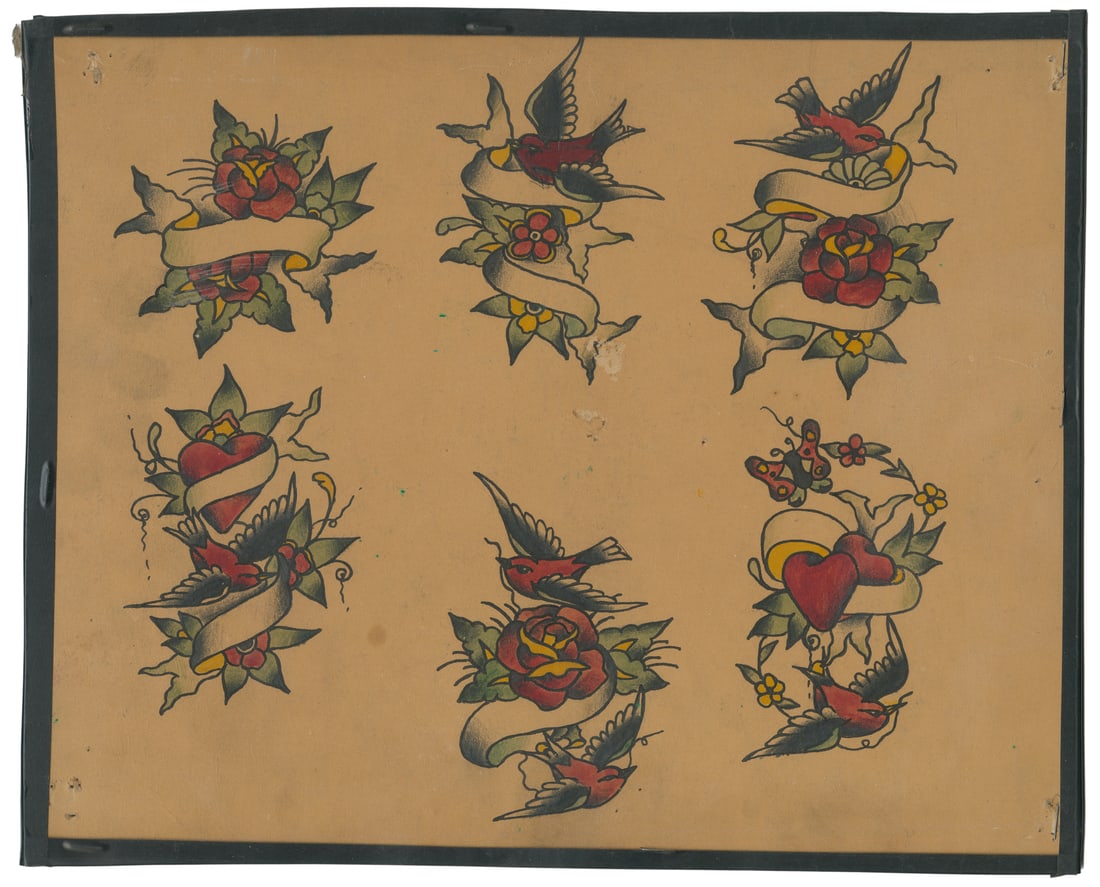 Stanley and Walter Moskowitz Sparrow and Flower Ribbon Flash Sheet.: Stanley and Walter Moskowitz Sparrow and Flower Ribbon Flash Sheet. Unsigned. Six ink and watercolor designs featuring ribbons for name customization. 14 x 11 1/2". Moderate even toning to the