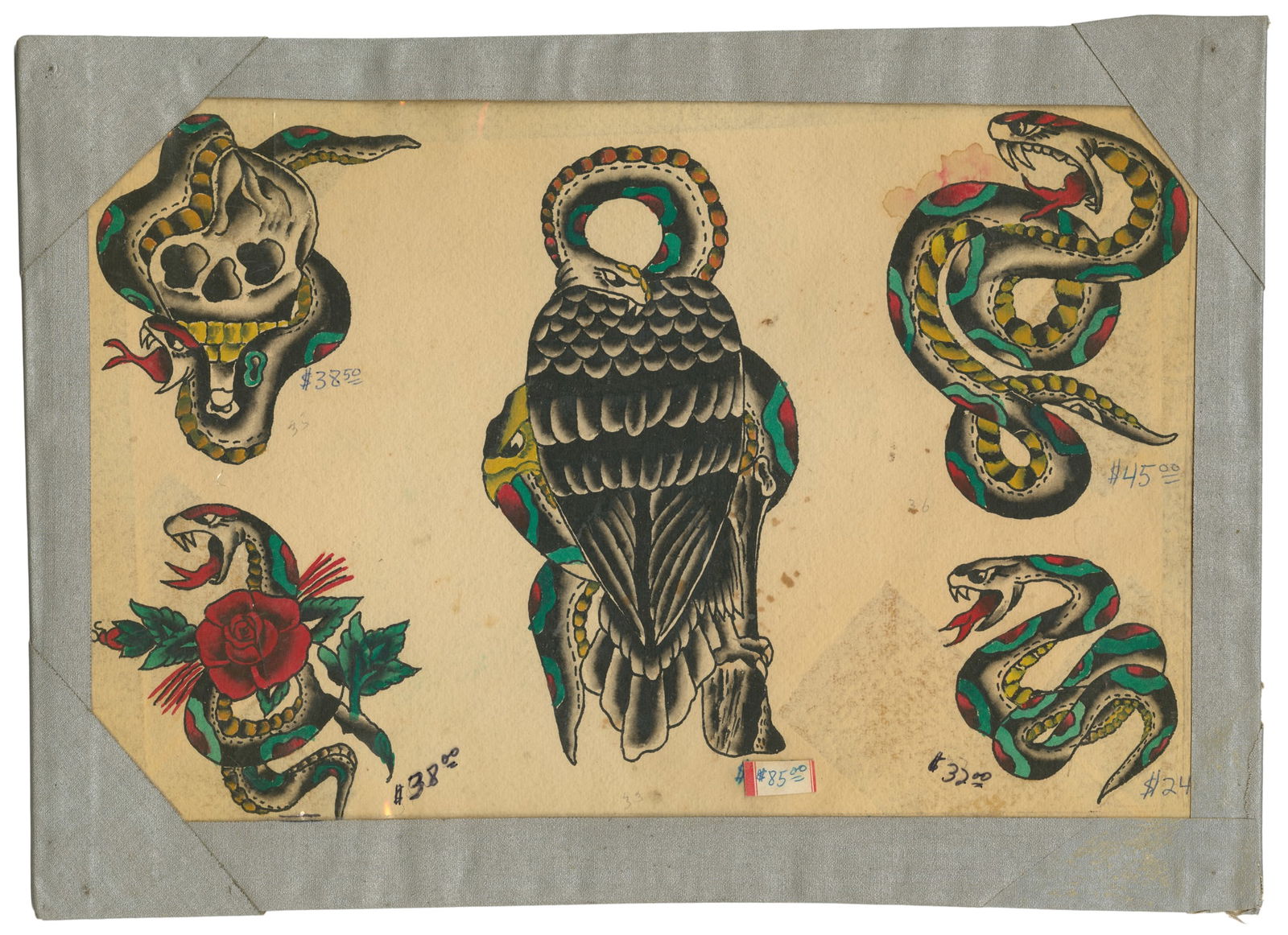 Eagles and Snakes Flash Sheet. USA, 1970s: Unknown Artist. Eagles and Snakes Flash Sheet. USA,1970s. Five ink and watercolor designs, all eagle and snake motifs. 10 x 14". Areas of moisture damage, foxing, and soiling to sheet. Prices included