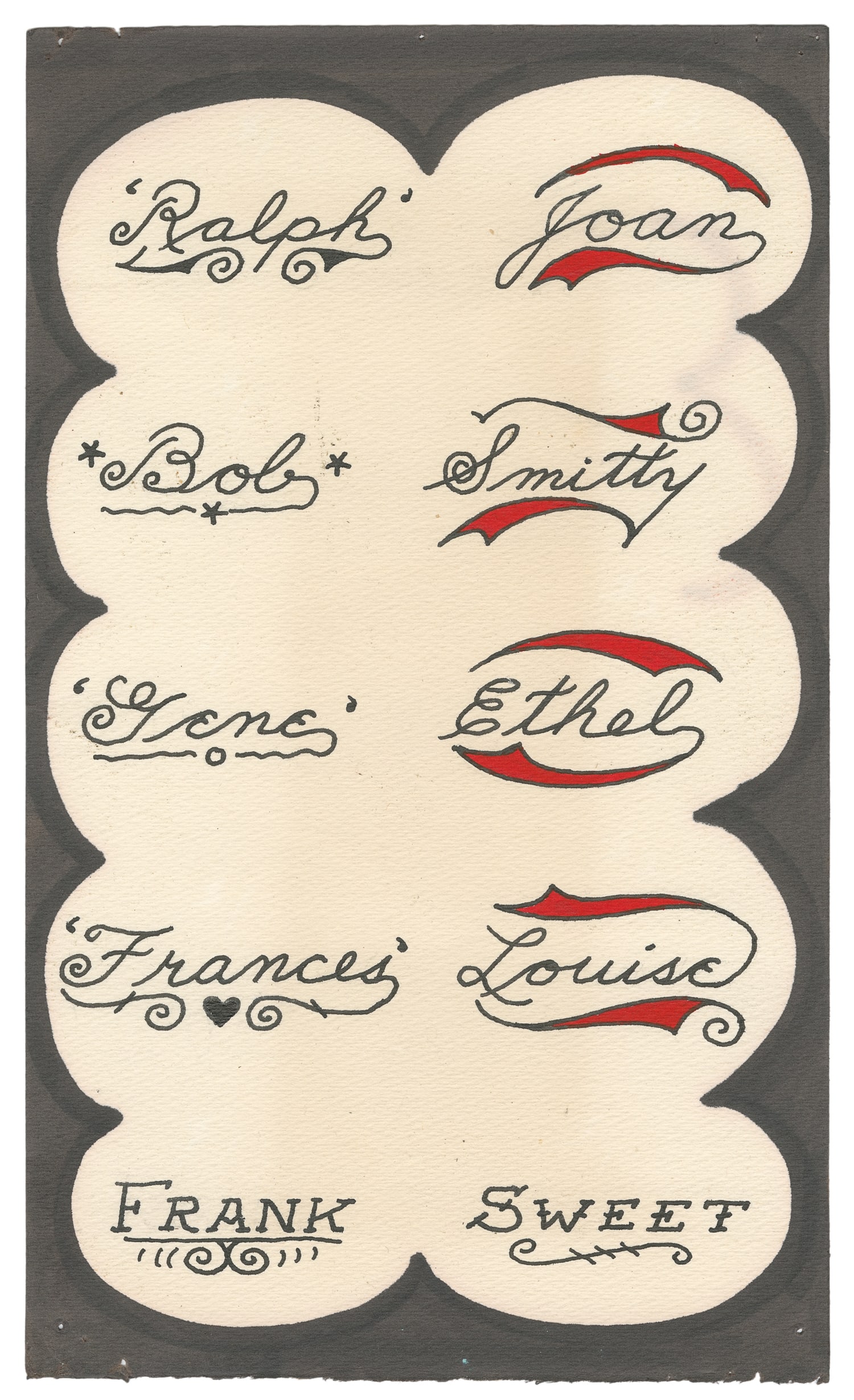 Name and Font Style Flash Sheet. Long Beach Pike, 1960s.: Unknown Artist. Name and Font Style Flash Sheet. Long Beach Pike, 1960s. Unsigned. Ten hand-inked flash designs for names in different font styles. 11 x 6 1/5". Toning, with some color bleeding and