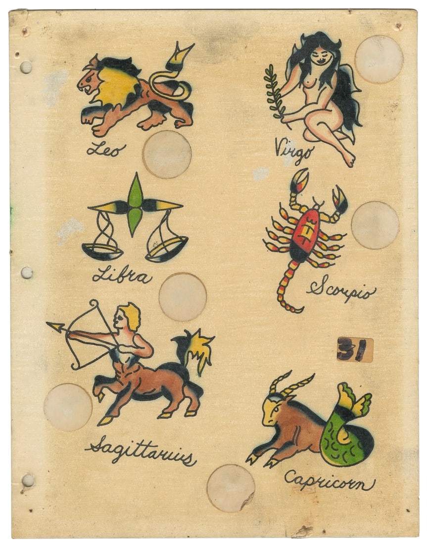 Astrological Flash Sheet w/ Six Zodiac Designs. U.S., 1960s: Unknown Artist. [United States, Early 20th Century]. Astrological Flash Sheet w/ Six Zodiac Designs. U.S., 1960s. Unsigned. Ink and watercolor on board. Six zodiac signs, including Leo, Virgo, Libra,