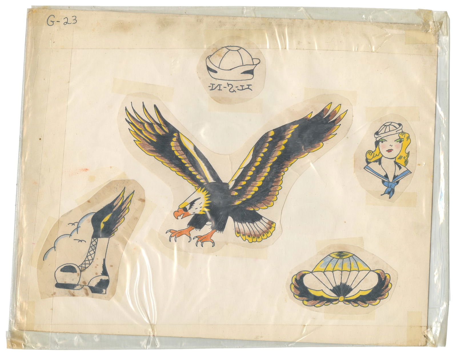 Double-Sided Flash Sheet Featuring U.S. Naval Designs. [U.S.], Early to Mid 20th Century.: Artist Unknown. Double-Sided Flash Sheet Featuring U.S. Naval Designs. [U.S.], early to mid 20th century. Unsigned. Double-sided hand-colored flash designs with strong naval imagery to one side, and 1