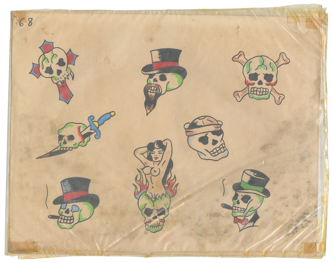 Double-Sided Stylized Skull Flash Sheet. [U.S], mid-20th century.: Artist Unknown. Double-Sided Stylized Skull Flash Sheet. [U.S], mid-20th century. Unsigned. Hand-colored on board. Double-sided sheet includes 15 skull designs, all in the American Traditional