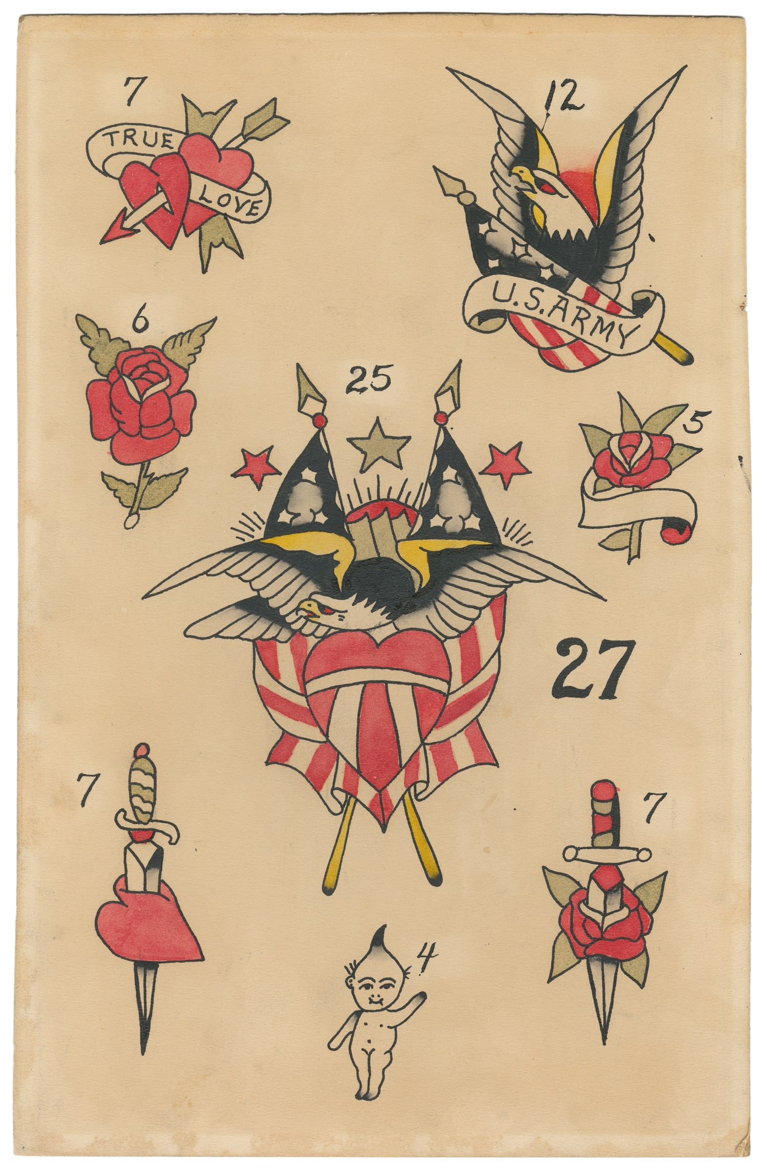 Roses, Eagles, Daggers and Other Tattoo Designs Flash Sheet. Circa 1950s.: Roses, Eagles, Daggers and other tattoo designs flash sheet. Circa 1950s. Ink and watercolor on Crescent illustration board. Attributed to Ted Inman (1911 - 1971). Provenance: Collection of Jonathan S