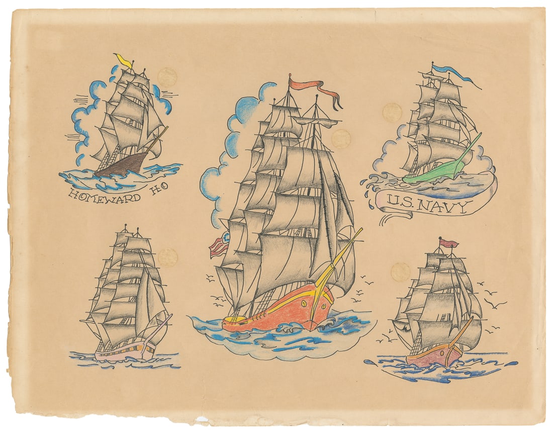 Homeward Ho! and Other Naval Tattoo Flash Designs, 1960s.: Unknown Artist. Homeward Ho! and Other Naval Tattoo Flash Designs, 1960s. Five hand-colored flash designs featuring a naval theme. 11 x 14". Toning to the sheet with discolorations from previous price