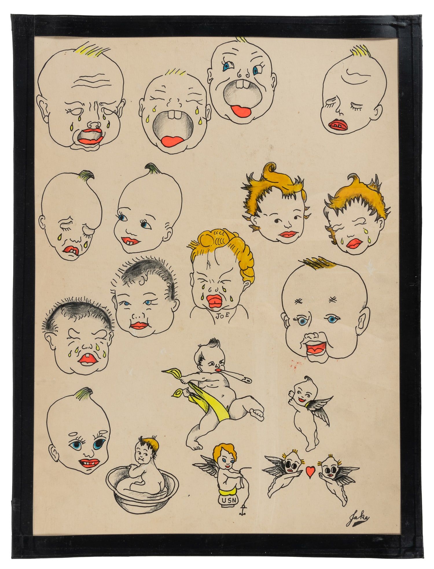 Jack Dracula Baby Face Flash Sheet. U.S.A., ca. 1960s: Jack Dracula (American, 1935 - 2011). Jack Dracula Baby Face Flash Sheet. USA, ca. 1960s. Signed to the lower right margin. Eighteen baby motifs in ink and watercolor. 20 x 15". Light even toning to