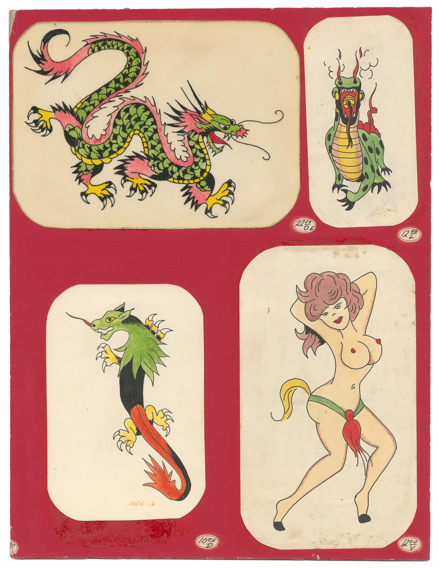 Four Hand-colored Flash Designs on Red Background. Canada, c. 1960s: Unknown Artist. Four Hand-colored Flash Designs on Red Background. Canada, c. 1960s. Unsigned. Four ink and watercolor flash designs pasted on board with original price stickers. 10 1/2 x 8". Light