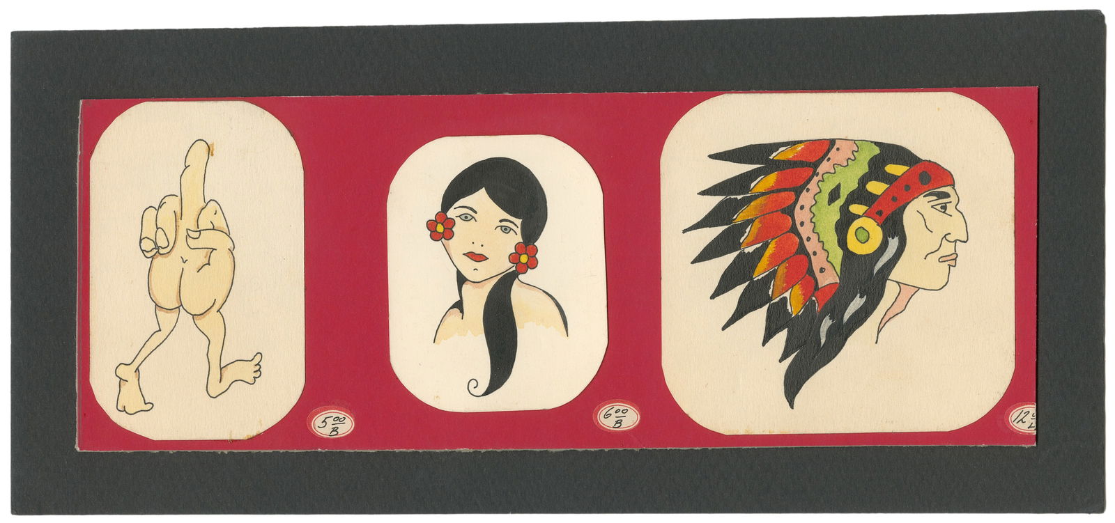 Three Hand-Colored Flash Designs. [Canada], 1960-1970s.: Artist Unknown. Three Hand-Colored Flash Designs. [Canada], 1960-1970s. Ink and watercolor on paper. Three 3" designs featuring an American Indian in a headdress, a dark-haired beauty, and a comical