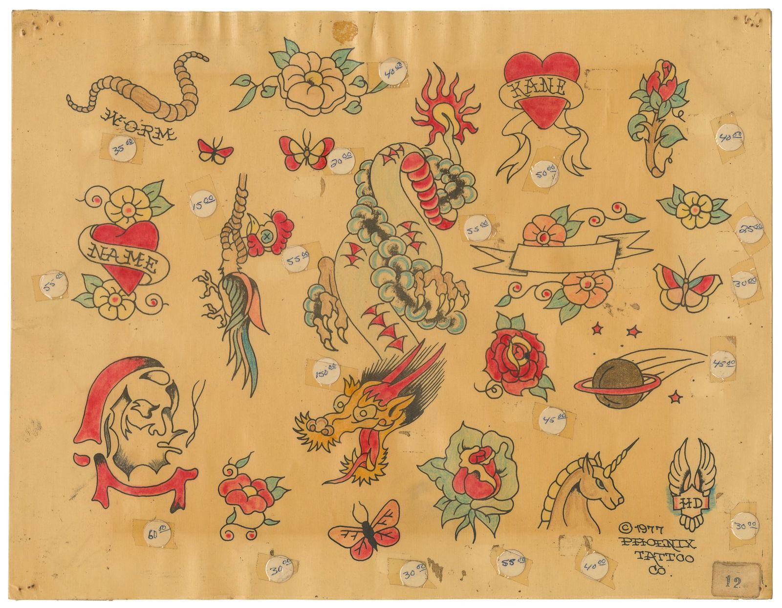 Original Hand-Colored Shop Flash Sheet. Phoenix Tattoo Co, 1977: Unknown Artist. Original Hand-Colored Shop Flash Sheet. Phoenix Tattoo Co, 1977. Dated to the lower right. Twenty ink and watercolor flash designs, mostly 2" and smaller. 11 x 14". Moderate even tonin