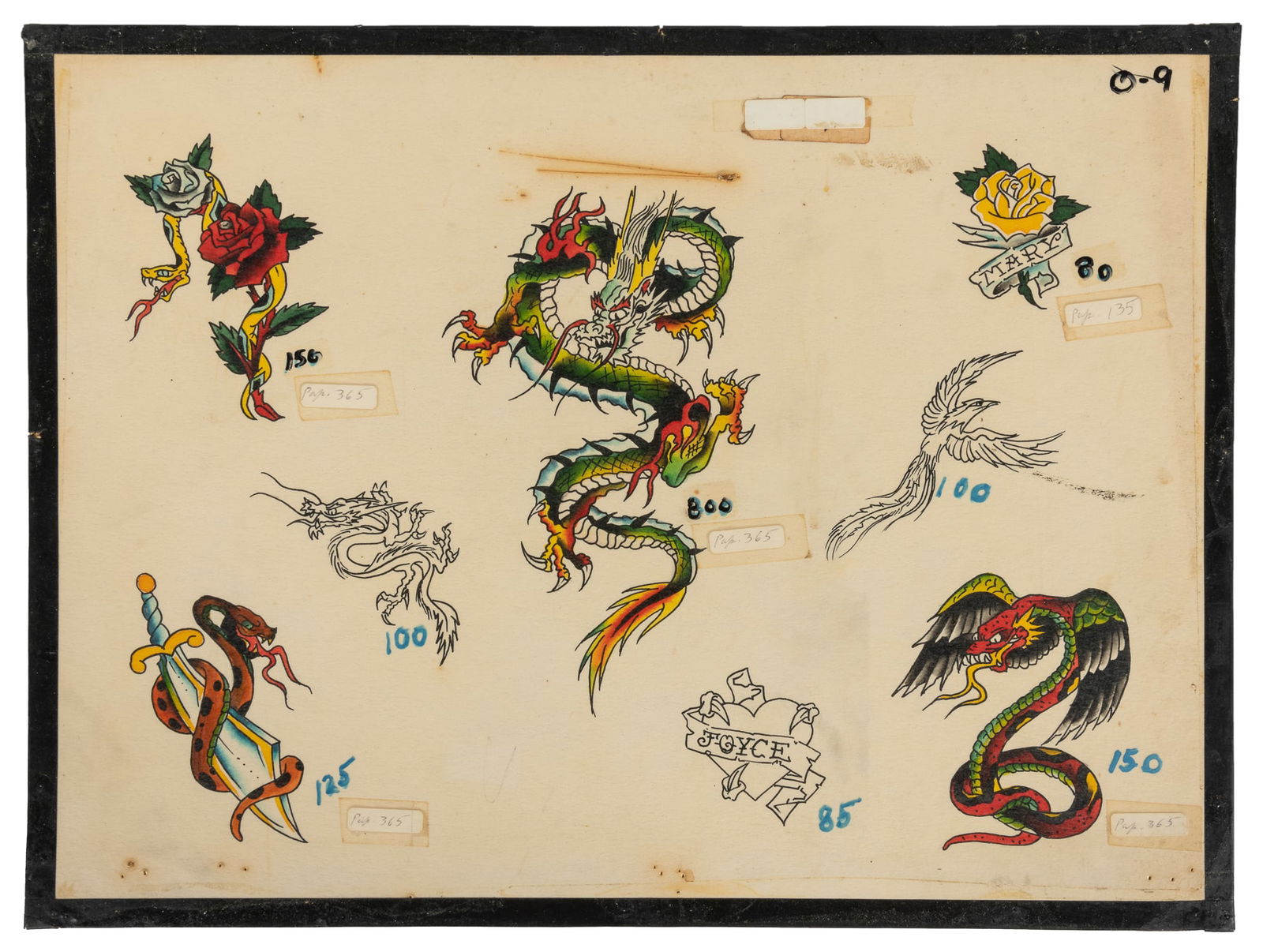 Philadelphia Eddy Dragon Flash Sheet, 1989s: Edward Funk or Philadelphia Eddy (American, active 1952 - 1992). Philadelphia Eddy Dragon Flash Sheet, 1989s. Unsigned. Eight ink and watercolor flash motifs featuring dragons. 15 x 20". Provenance: