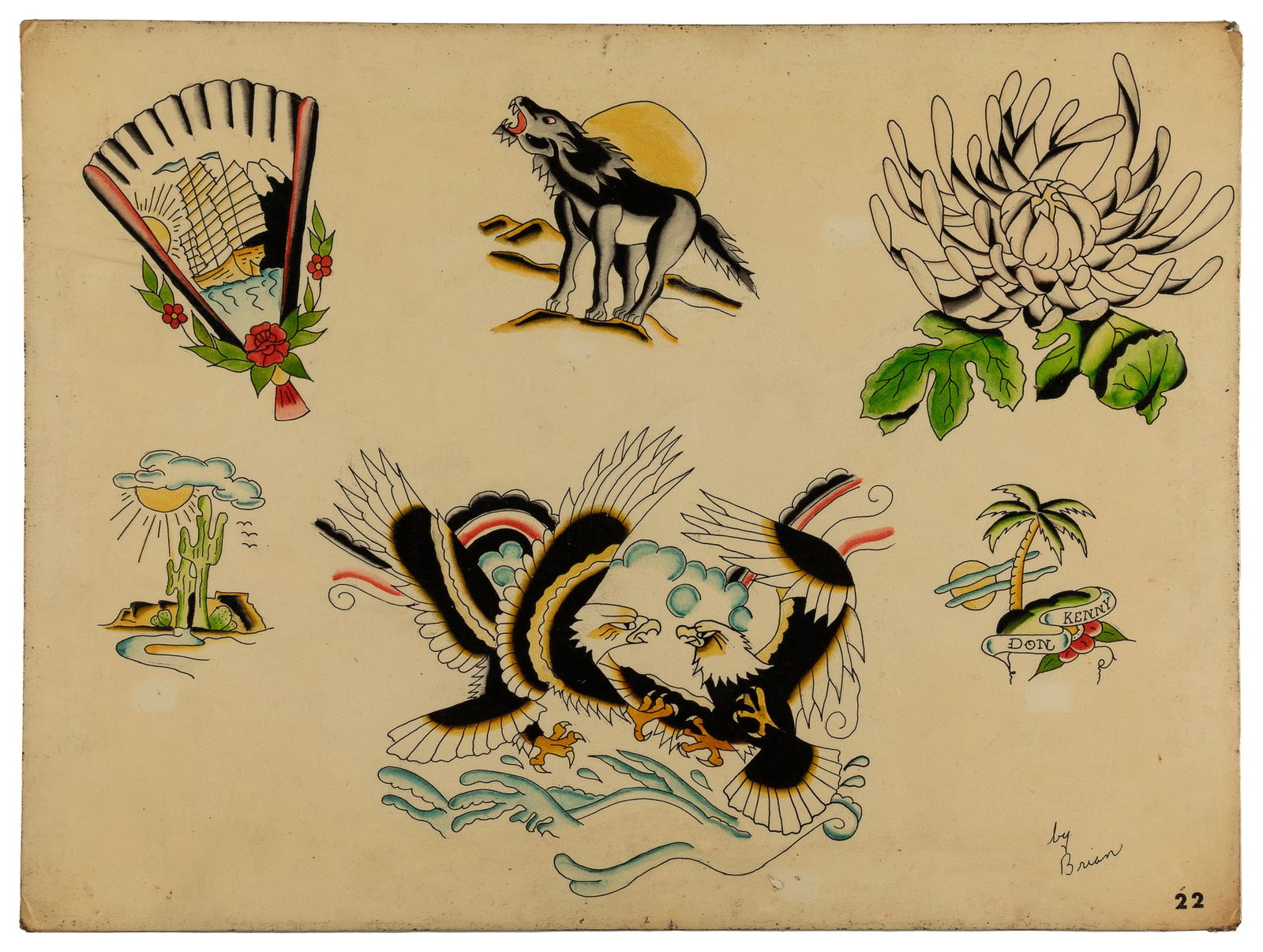 Brian Freeman Six Design Flash Sheet, 1960-70s: Brian Freeman (20th-century artist). San Francisco: Lyle Tuttle Tattoo Studio, 1960s/70s. Signed to the lower right margin. Six ink and watercolor designs on board, including a variety of designs, inc