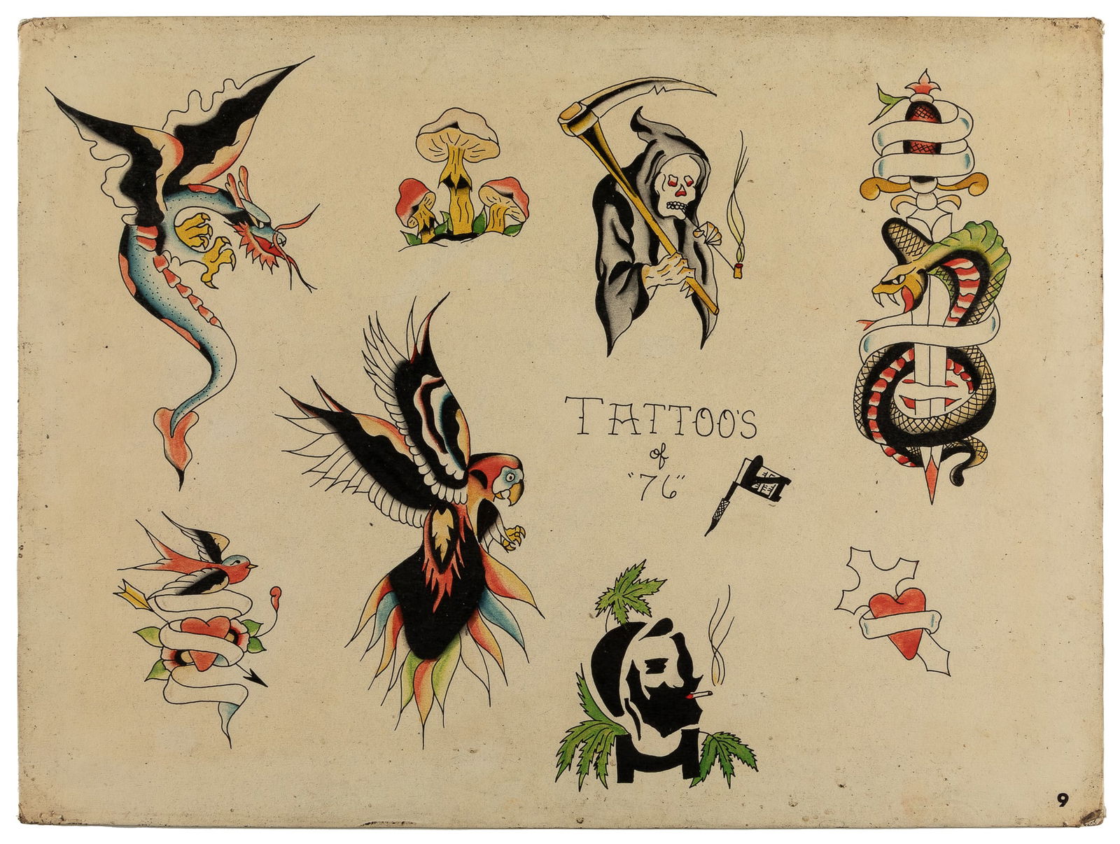 Brian Freeman "Tattoo's of 76" Flash Sheet, San Francisco, CA, 1976: Brian Freeman (20th-century artist). San Francisco: Lyle Tuttle Tattoo Studio, 1976. Unsigned. Eight ink-and-watercolor designs on board featuring winged creatures, a reaper, and dedication ribbon tat