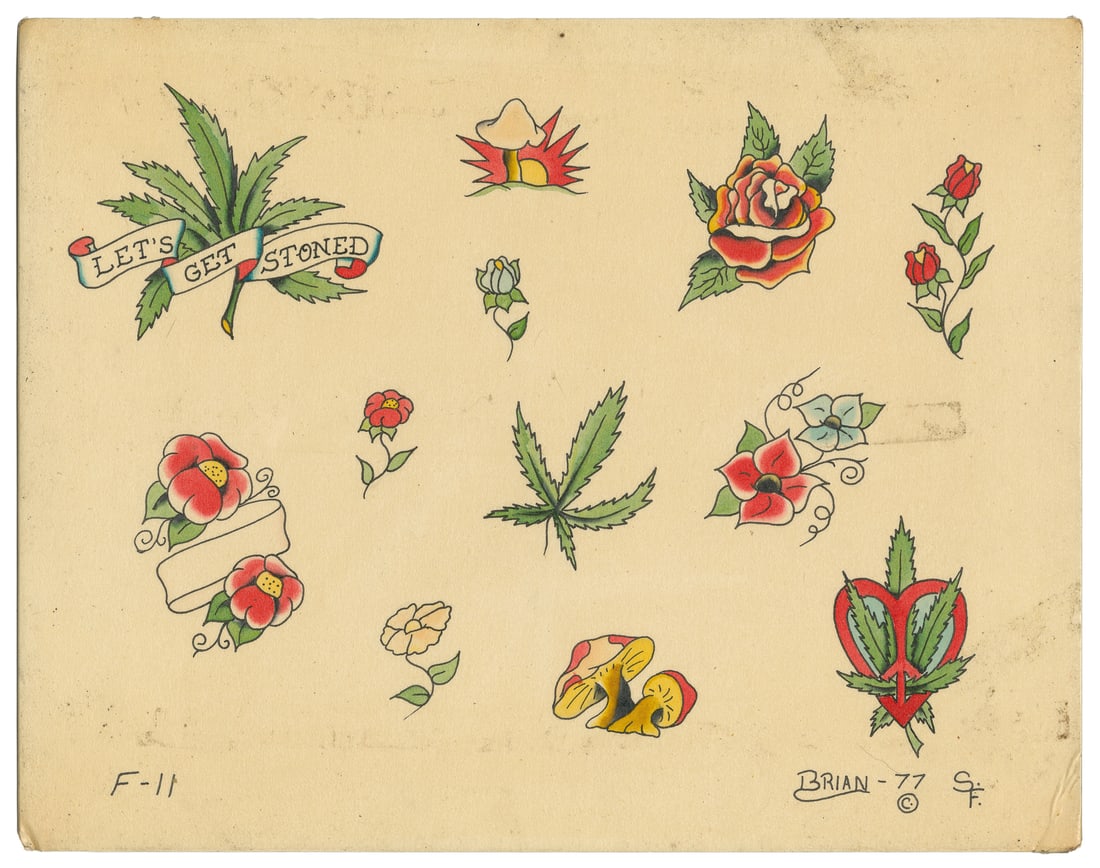 Let's Get Stoned and Other Flash Designs by Brian Freeman. Lyle Tuttle Tattoo Studio San Francisco,: Brian Freeman (American, Late 20th Century). "Let's Get Stoned" and Other Flash Designs by Brian Freeman. Lyle Tuttle Tattoo Studio, San Francisco, 1977. Signed and dated to the lower right margin.