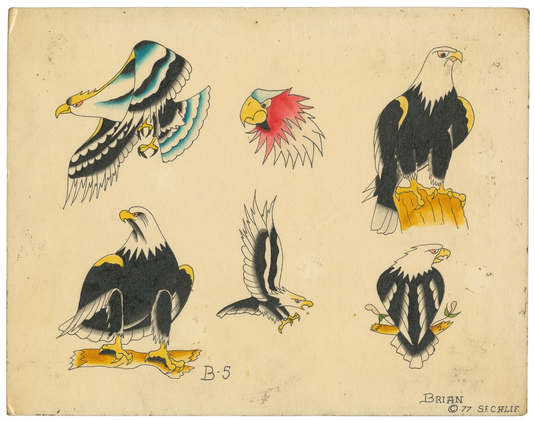 Eagle Flash Sheet by Brian Freeman. Lyle Tuttle Tattoo Studio, San Francisco, 1977: Brian Freeman (American, Late 20th Century). Eagle Flash Sheet by Brian Freeman. Lyle Tuttle Tattoo Studio, San Francisco, 1977. Signed and dated to the lower right margin. Six ink and watercolor eagl
