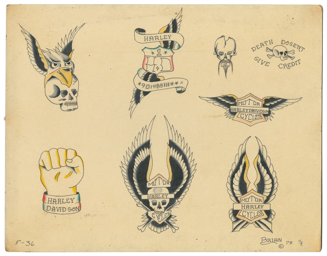 Brian Freeman Harley Davidson Flash Designs. Lyle Tuttle Tattoo Studio, San Francisco, CA, 1978. (1 of 1)