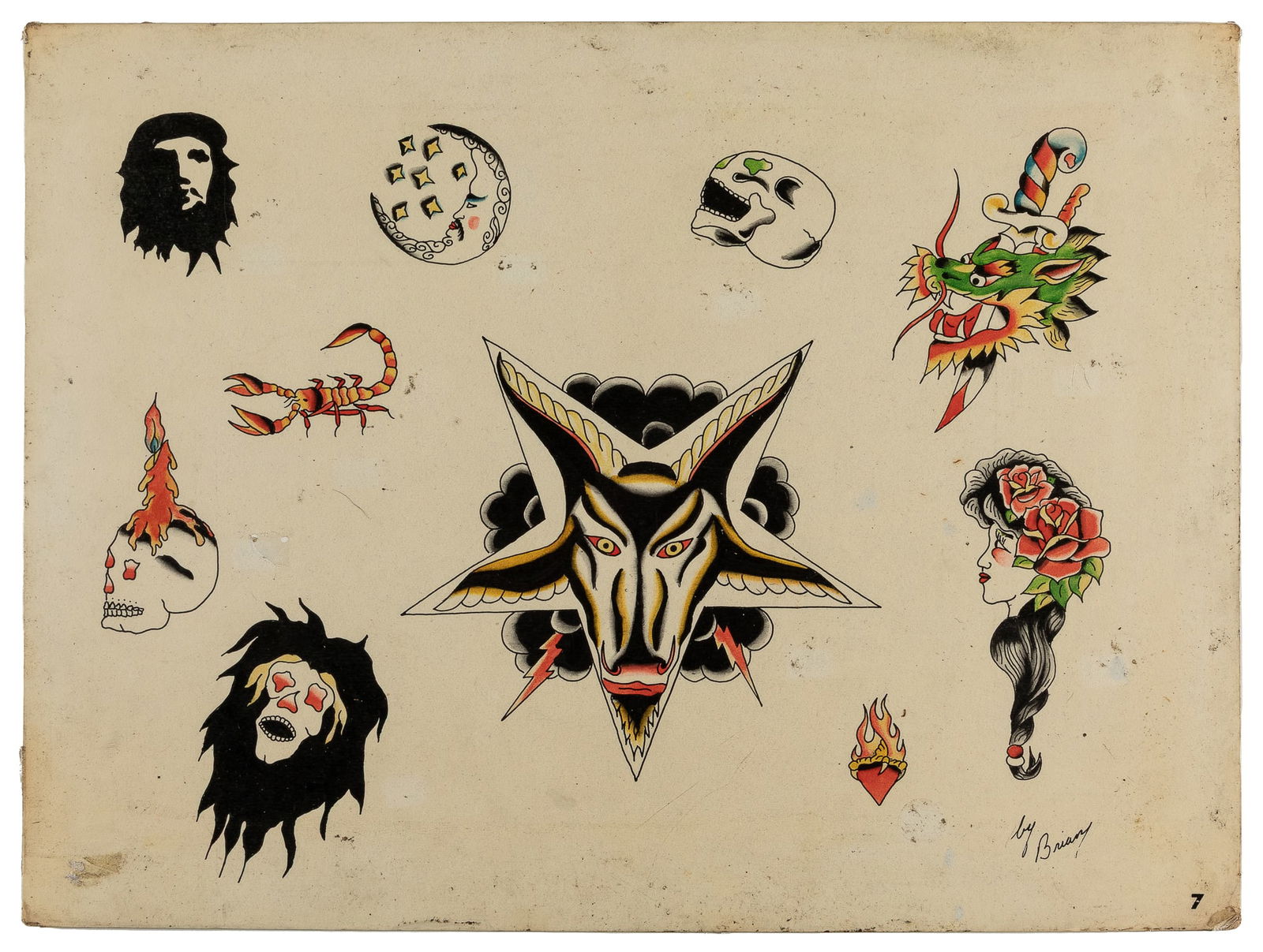 Ten Flash Designs by Brian Freeman, 1960-70s: Brian Freeman (American, 20th-century artist). San Francisco: Lyle Tuttle Tattoo Studio, 1960s/70s. Signed to the lower right margin. Ten ink and watercolor on board, including a larger central image