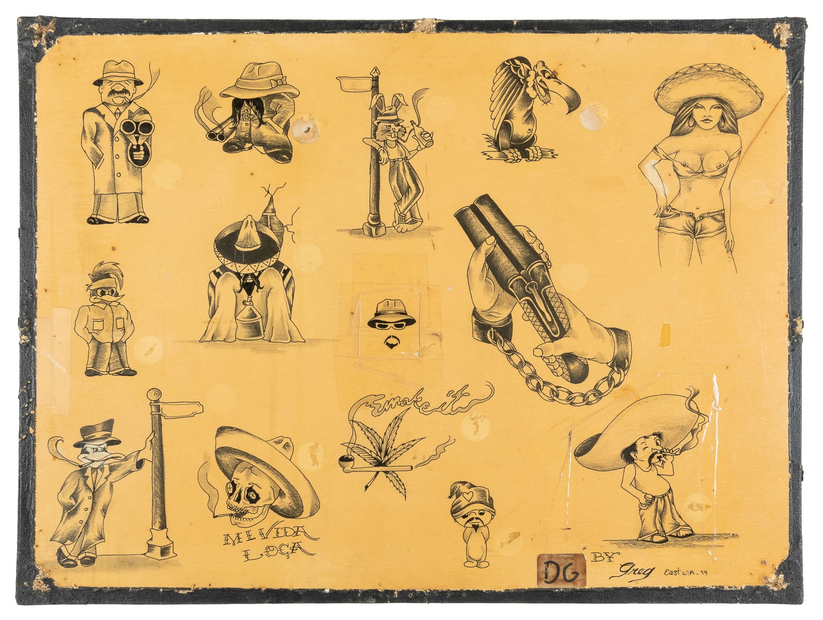 Mi Vida Loca and Other Chicano Style Flash Designs by Greg James. East LA, 1979: Greg James (b. 1953). "Mi Vida Loca" and Other Chicano Style Flash Designs by Greg James. East LA, 1979. Signed and dated to the lower right margin. Fourteen hand-drawn black and gray Chicano-style