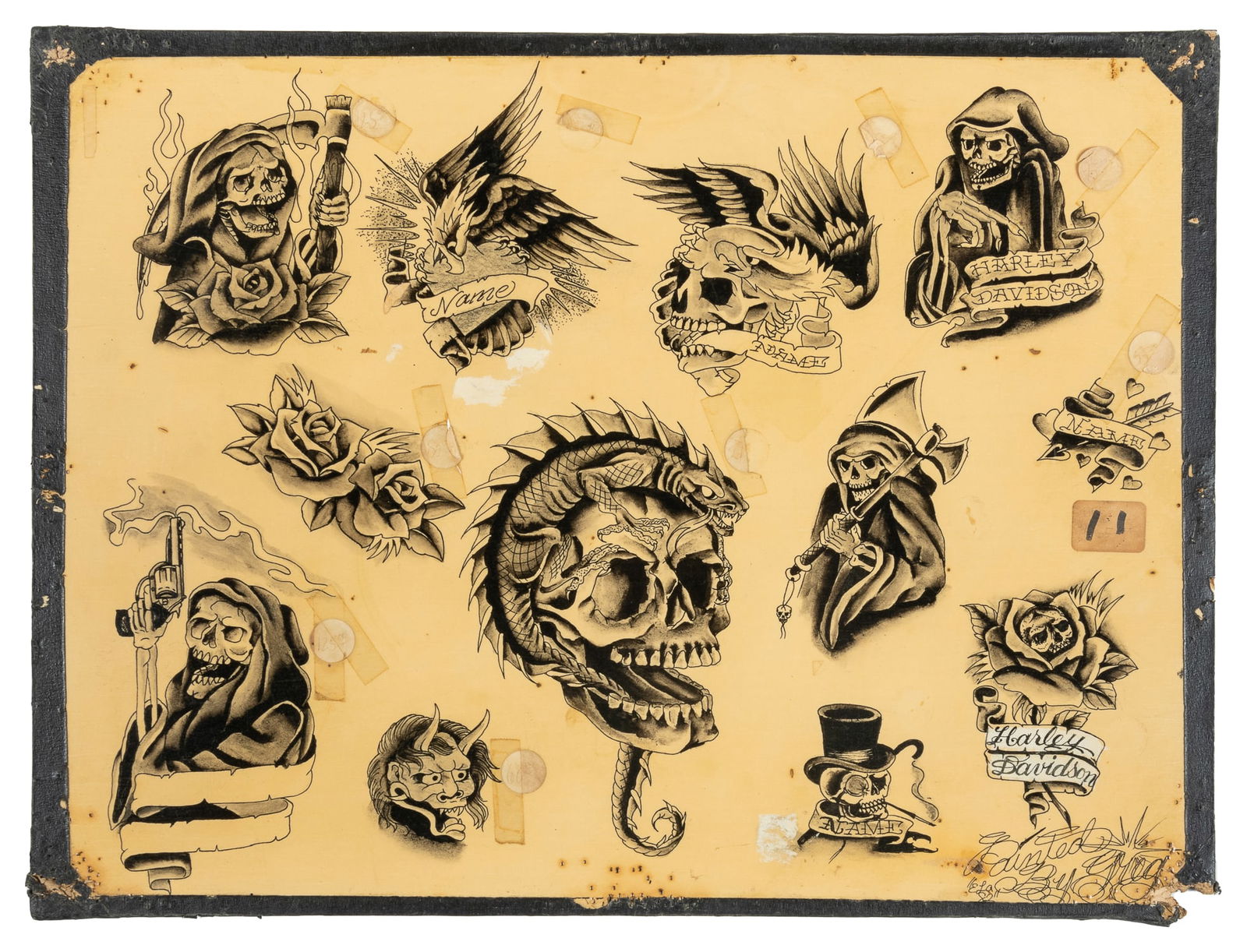 Twelve Black and Gray Flash Designs by Greg James. East LA, 1982: Greg James (b. 1953). Twelve Black and Gray Flash Designs by Greg James. East LA, 1982. Signed and dated to the lower right margin. Twelve hand-inked black and gray flash designs including many reaper