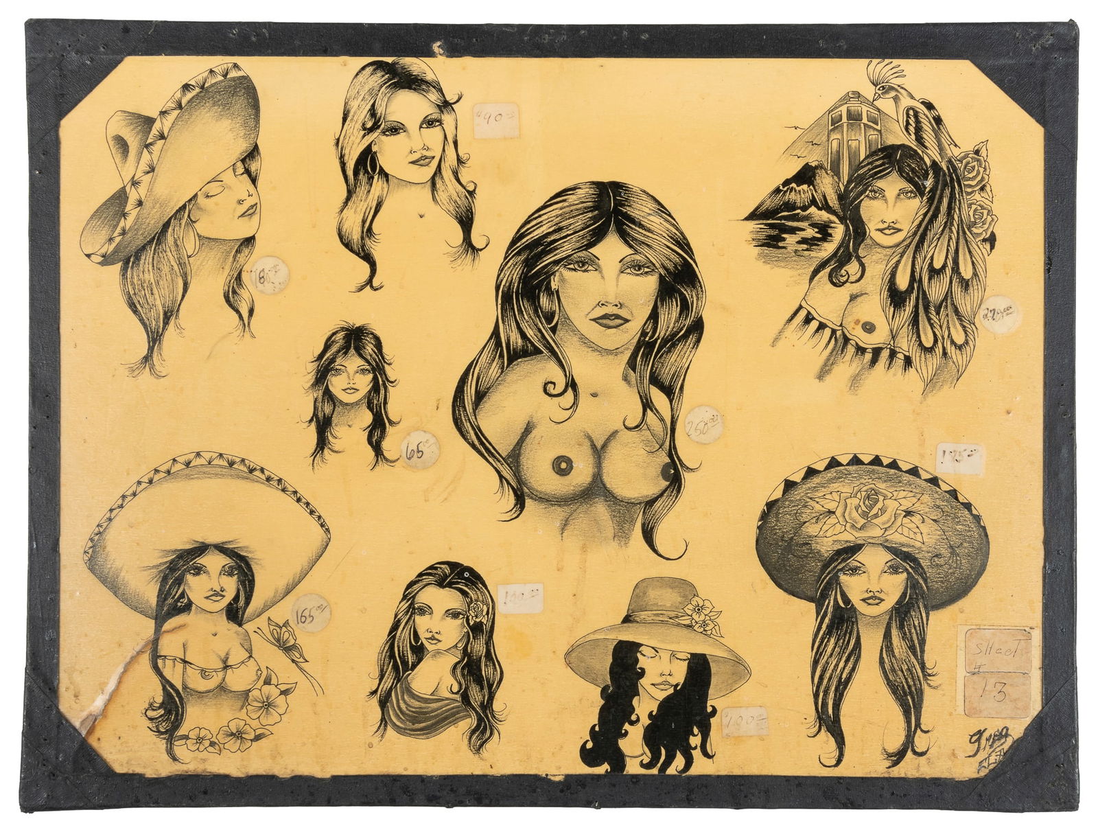 Greg James Chicana Ladies Flash Sheet. East LA, 1980s: Greg James (b. 1953). Greg James Chicana Ladies Flash Sheet. East LA, 1980s. Signed to the lower right margin. Nine graphite and ink flash designs of Chicano women with original pricing stickers. 15 x