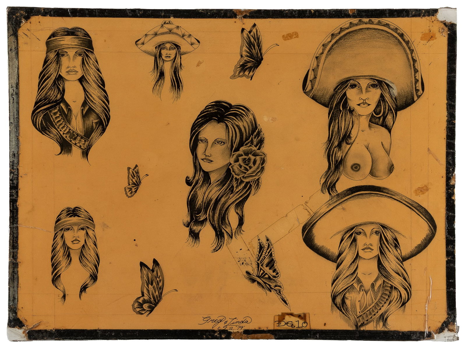 Greg James Ten Chicana Flash Designs, East L.A., 1979: Greg James (b. 1953). East L.A., 1979. Signed "Greg and Linda," and dated to the lower center margin. Ten Chicana-style ink and graphite designs on board, featuring busts of women, some with sombreros