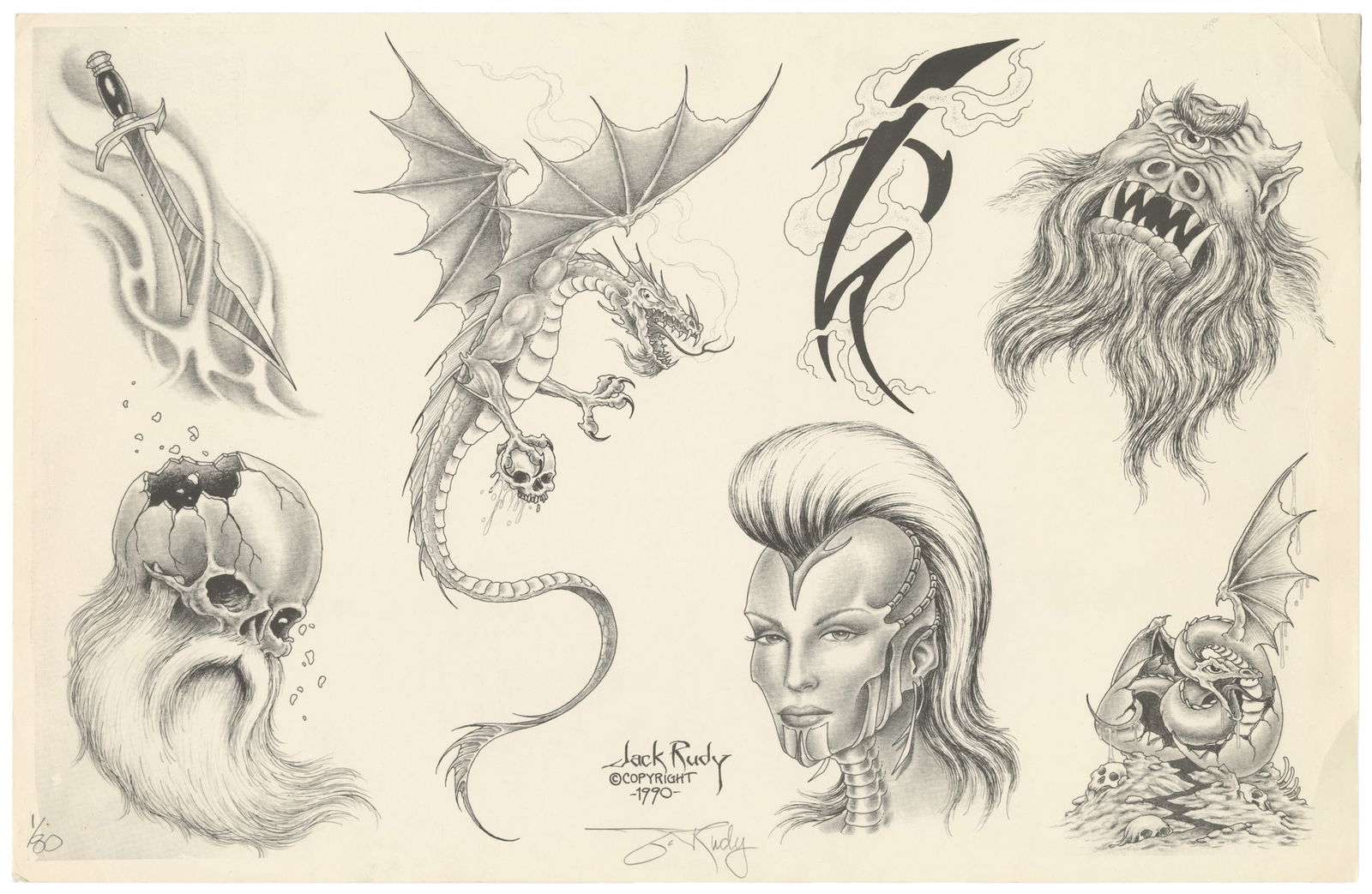 Jack Rudy Signed Flash Sheet Offset Printing, 1990: Jack Rudy (American, 1954 - 2025). Jack Rudy Signed Flash Sheet Offset Printing, 1990. Numbered 1/80 to the lower left. Printed and written signature to the lower center margin. Seven flash designs wi