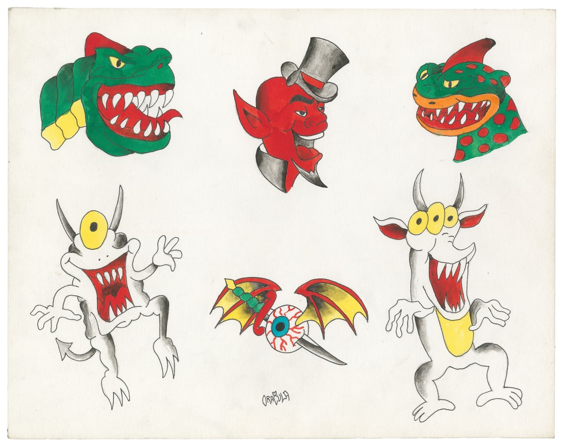 Jack Dracula Six Design Flash Sheet, 21st Century: Jack Dracula (American, 1935-2011). Jack Dracula Six Design Flash Sheet, 21st Century. Signed to the lower center. Six ink and watercolor flash designs on board. 11 x 14. Very clean sheet, minimal