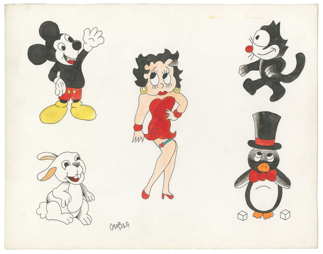 Five Cartoon Character Flash Sheet by Jack Dracula, 21st Century: Martin Semnack aka Jack Dracula (American, 1935-2011). Five Cartoon Character Flash Sheet by Jack Dracula, 21st Century. Signed to the lower margin. Five ink and watercolor designs, featuring recogniz