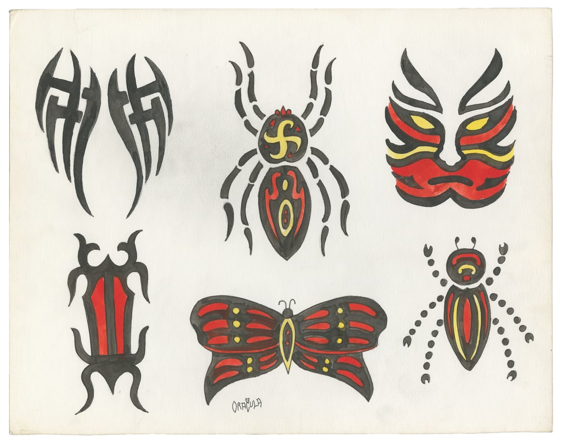 Jack Dracula Six Tribal Insect Flash Designs, 21st Century: Martin Semnack aka Jack Dracula (American, 1935-2011). Jack Dracula Six Tribal Insect Flash Designs, 21st Century. Signed to the lower center margin. Six ink and watercolor tribal designs. 11 x 14". L