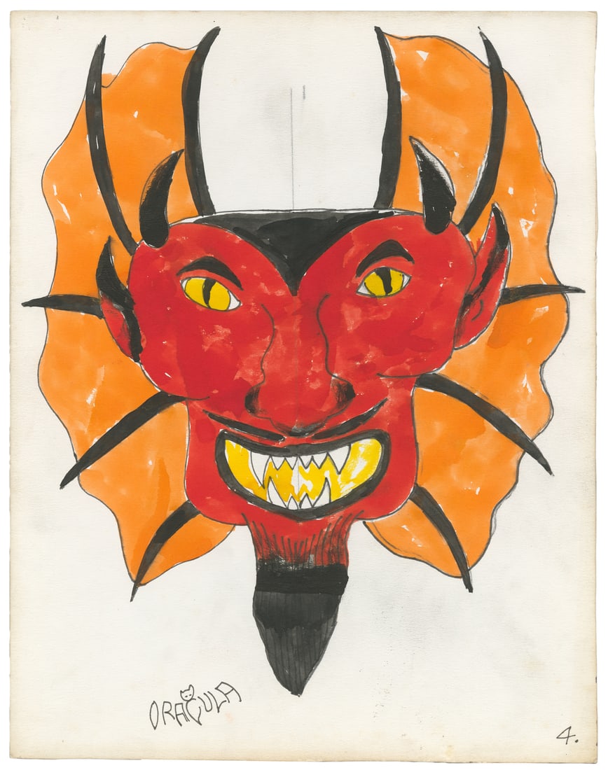 Jack Dracula Signed Single Devil Design Flash Sheet, 21st Century: Martin Semnack aka Jack Dracula (American, 1935-2011). Larger-scale single flash design. Ink and watercolor devil design. Signed to the lower left margin. 11 x 14". Toning to the outer sheet margins.