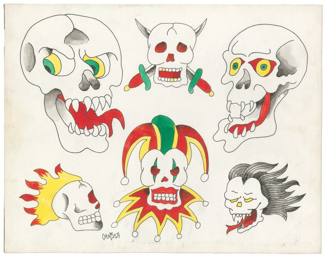 Jack Dracula Six Skull Design Flash Sheet, 21st Century: Martin Semnack aka Jack Dracula (American, 1935-2011). Jack Dracula Six Skull Design Flash Sheet, 21st Century. Signed to the lower left margin. Six ink and watercolor skull designs on board. 11 x 14"