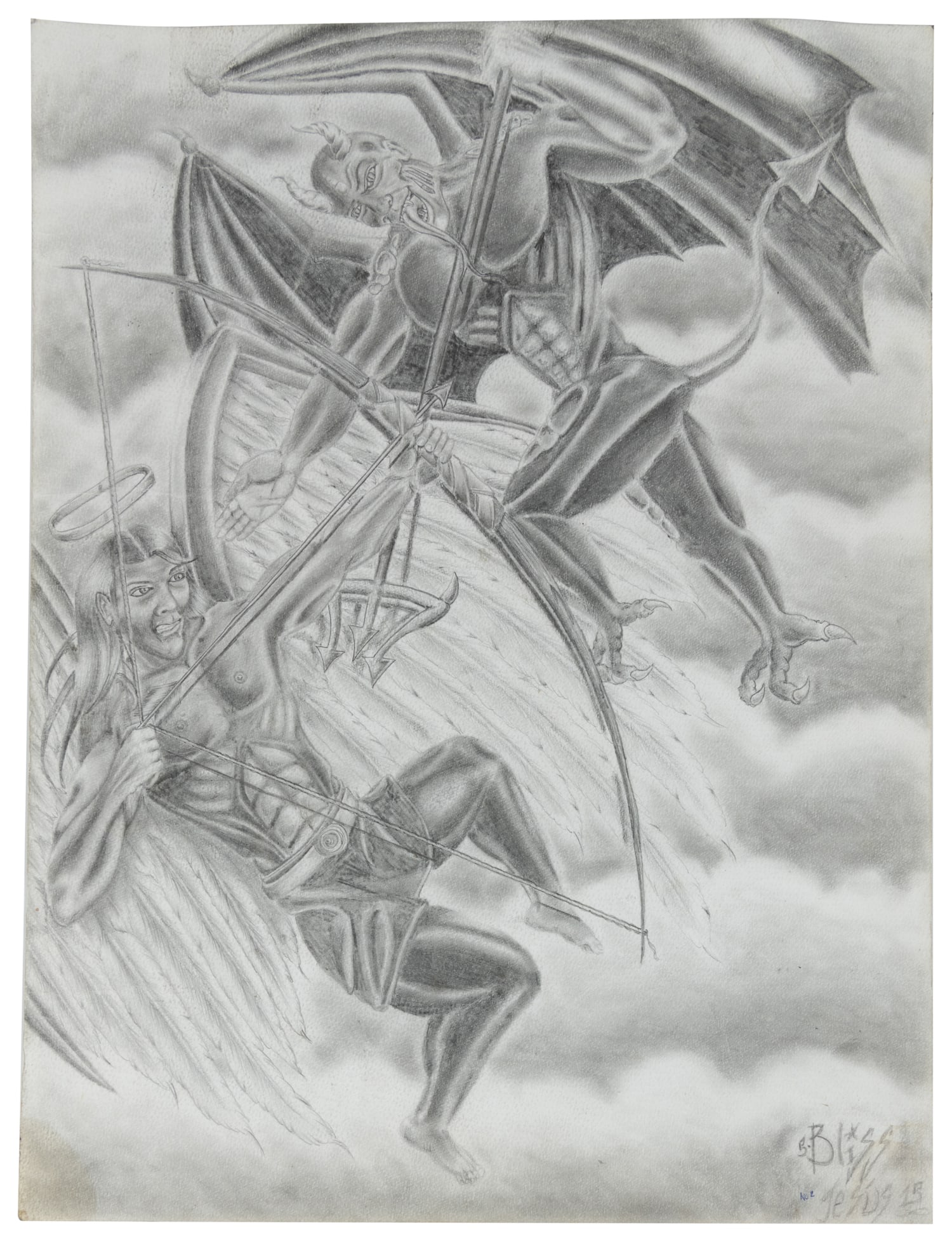 [PRISON ART] Untitled (Angels Battle / War in Heaven).: [PRISON ART] Untitled (Angels Battle / War in Heaven). Signed Bliss / Jesus and dated 15. Graphite on paper. Image depicts a religious scene of the Archangel Michael fighting Lucifer. 20 x 15". Proven