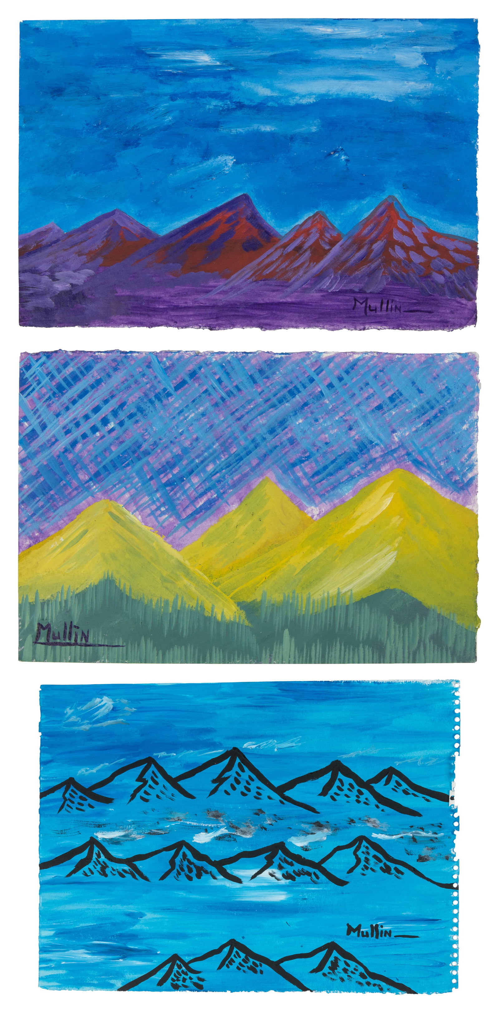 [PRISON ART]. MULLIN, Herbert W. (1947-2022). Three Mountainous Landscapes.: [PRISON ART]. MULLIN, Herbert W. (1947-2022). Three Mountainous Landscapes. Each signed recto and signed, dated, and inscribed with the title verso. Acrylic on paper. Including "Holy Mountain Scene,"