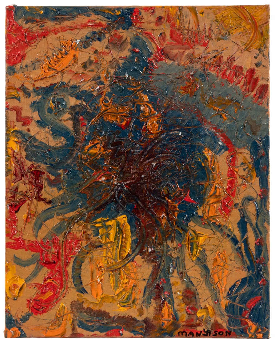 Charles Manson original painting.: MANSON, Charles (1934-2017). Charles Manson Original Abstract Painting. 20th/21st century. Oil on canvas, signed lower right and on reverse. 10 x 8".