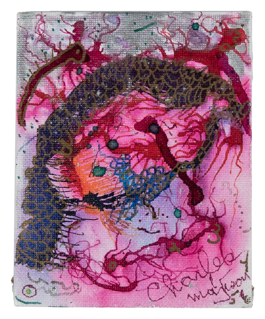 [PRISON ART]. MANSON, Charles (1934-2017). Small Abstract Composition.: [PRISON ART]. MANSON, Charles (1934-2017). Small Abstract Composition. Signed. Oil on canvas board. Charles Manson, the American criminal who led the cult-based Manson Family, responsible for multiple