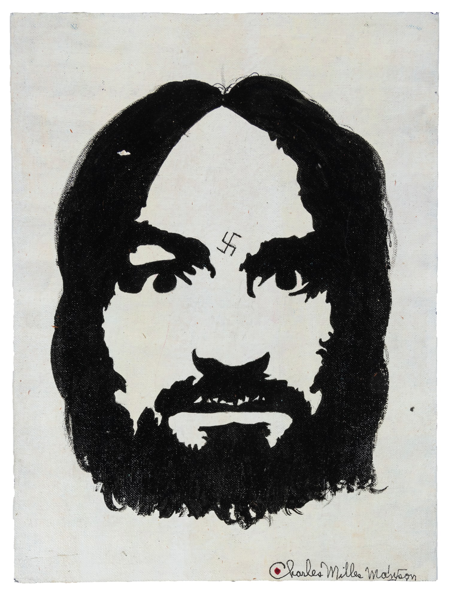 [PRISON ART]. MANSON, Charles (1934-2017). Self Portrait.: [PRISON ART]. MANSON, Charles (1934-2017). Self Portrait. Signed "Charles Milles Manson." Oil on canvas. Unframed. Charles Manson, the American criminal who led the cult-based Manson Family,